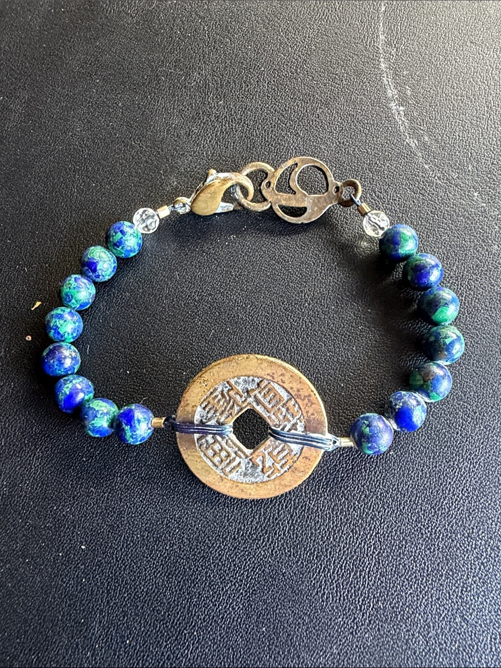 Handmade Blue-Green Azurite Malachite Beaded Bracelet with Chinese Coin Accent